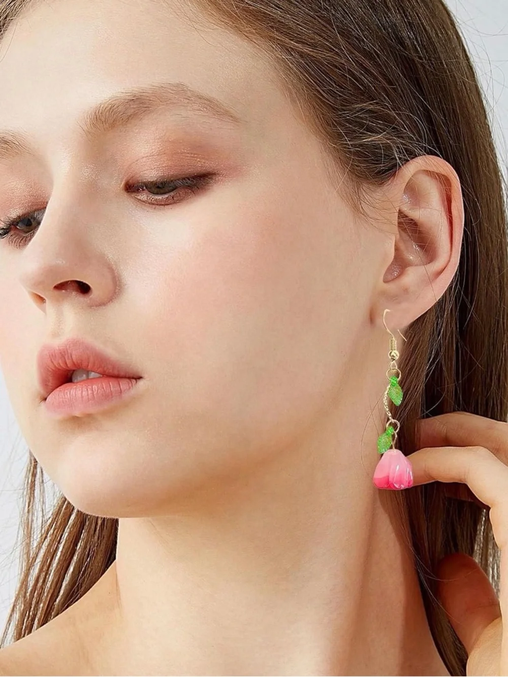 Pink Flower Handmade Drop Earrings with Green Leaf Accents